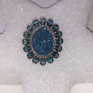 RSI Druzy Quartz Ring W/ Blue Topaz S. S. Sz 8.25